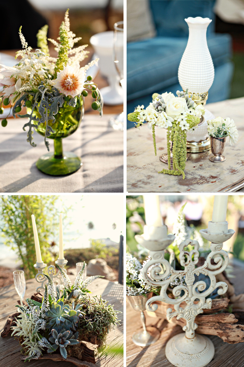 Vintage goblets were used for floral containers as well as water goblets for